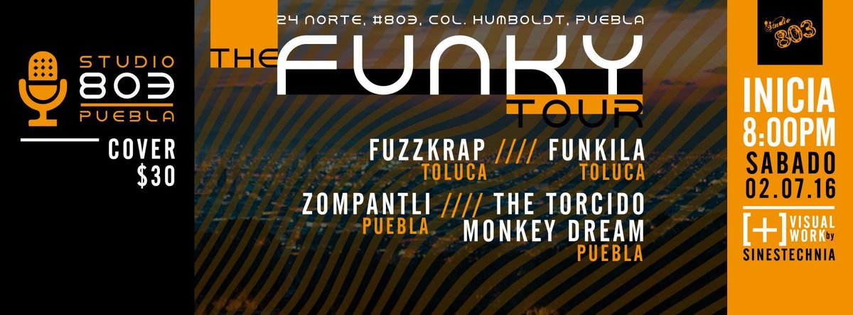 FunkilaMx's tweet photo. ¡Puebla! Nos vemos esta noche en #Studio803 @FuzzKrap @ZOMPANTLI @TTMDmusic #NocheDeFunk 8PM 🔊 https://t.co/JAyugpeRME