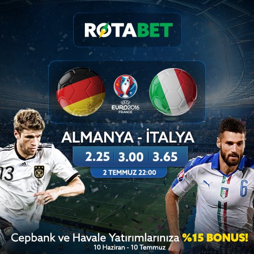 rotabet's tweet photo. #Euro2016 Erken Final!
22.00 | Almanya - İtalya
Yüksek Oranlar, Özel Bahisler!
Hemen Oyna ➡ https://t.co/D7HlusQkB5 https://t.co/4XeDBgAIZK
