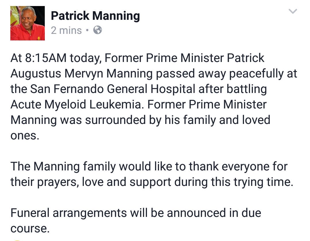 tttliveonline's tweet image. Former PM Patrick Manning passed away peacefully this morning at the SFGH, surrounded by his loved ones.