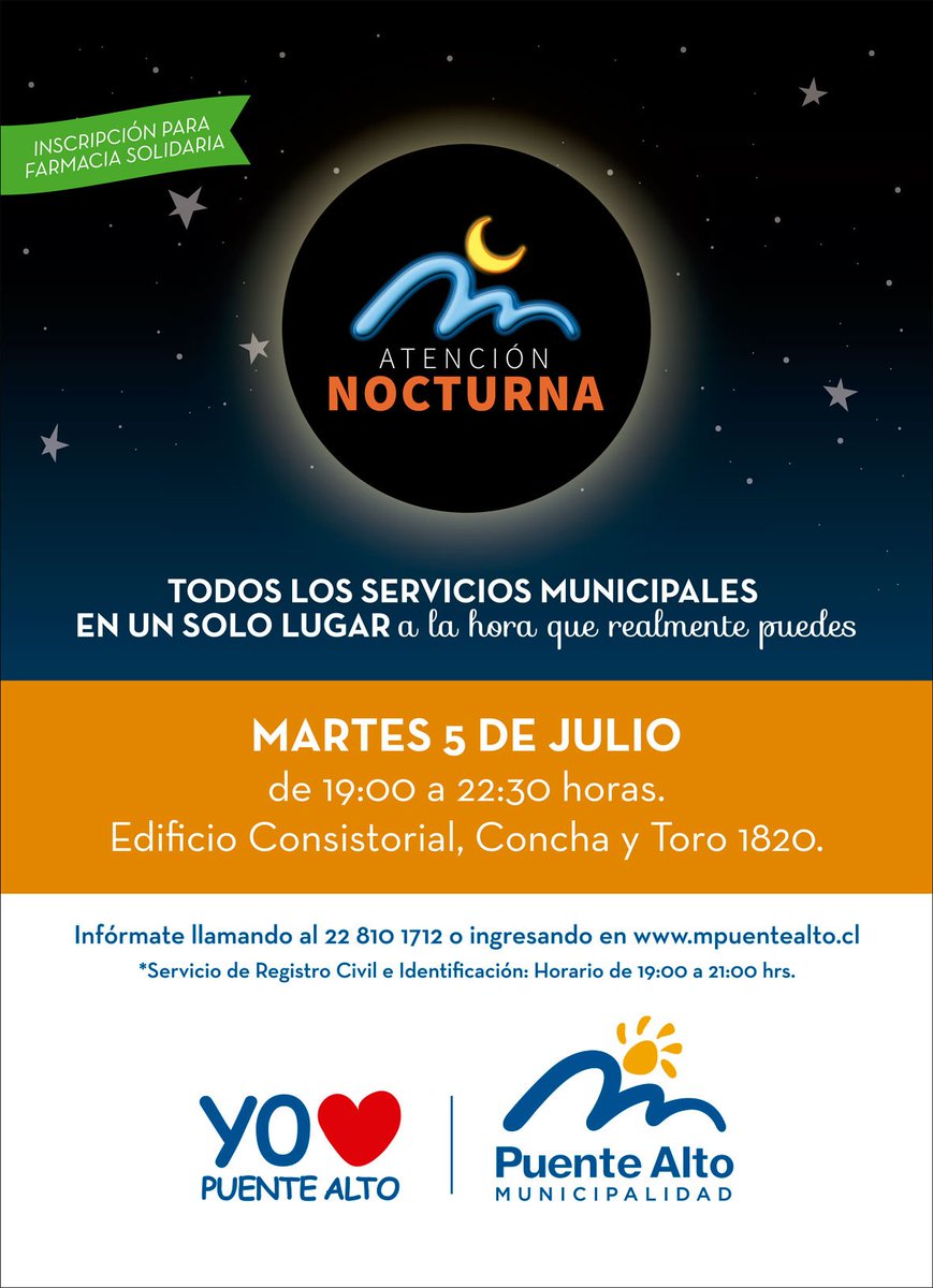 cmpuentealto's tweet photo. ATENCIÓN NOCTURNA | Martes 5 de julio de 19 a 22:30 hrs. Todos nuestros servicios municipales  a su disposición 🏢📑. https://t.co/iJOFTXgub3