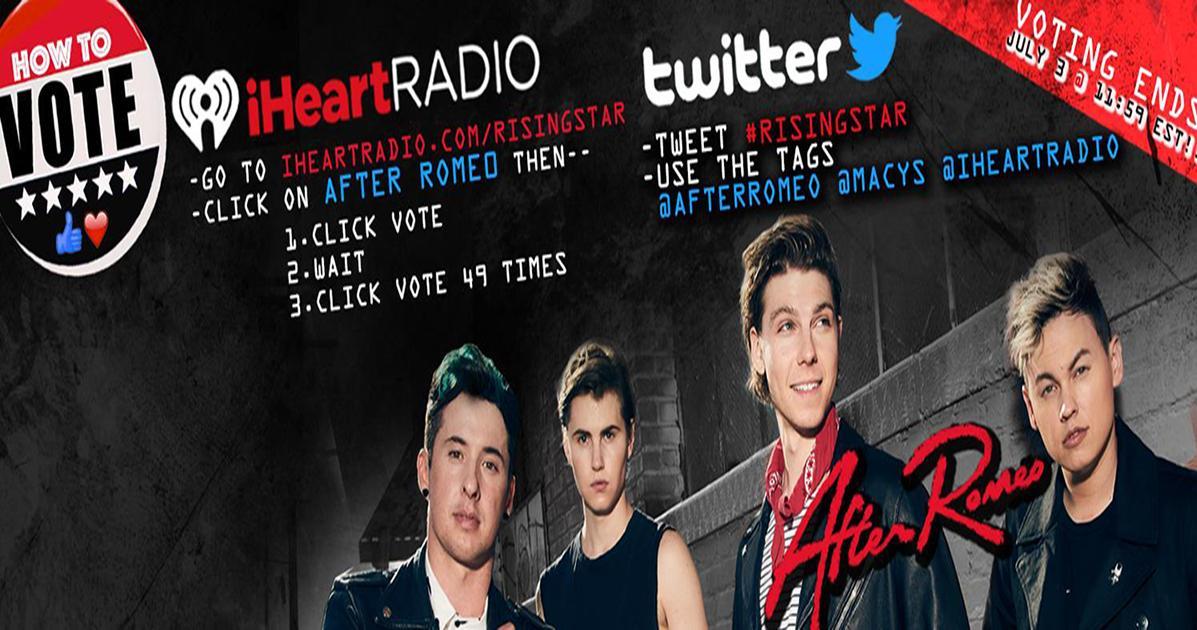 BoxBoxgame's tweet image. It&apos;s the last weekend to vote! Let&apos;s get @AfterRomeo to win @iHeartRadio&apos;s #RisingStar! - sot.ag/5bwnK