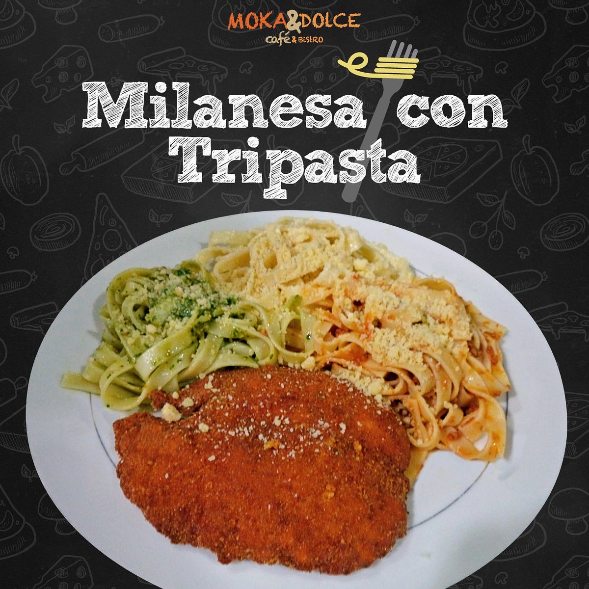 mokandolce's tweet photo. #tripasta #pesto #milanesa #milanesadepollo #breadedchicken #bolognese #boloñesa #carbonara #instafood #lunch https://t.co/P8Mrx0o4Ln