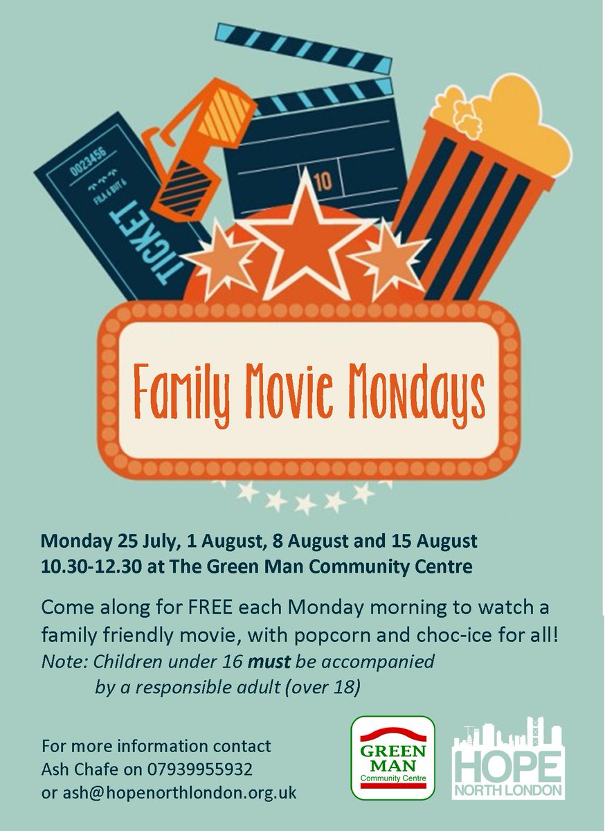 HopeNorthLondon's tweet photo. Roll on the summer holidays...Family Movie Mondays...can't wait #popcorn #chocices #FREE https://t.co/5WajQSfTjH
