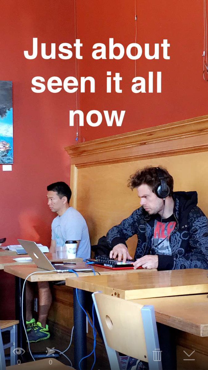 MattHoulemard's tweet photo. This is a first. I've never seen somebody making music in a cafe before. #portland #cafekarma https://t.co/5IWhVtlyKz