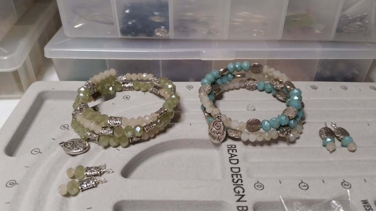 Works in progress...crystal memory wrap bracelets &amp; coordinating earrings. Love the colors! 😊 #wahm