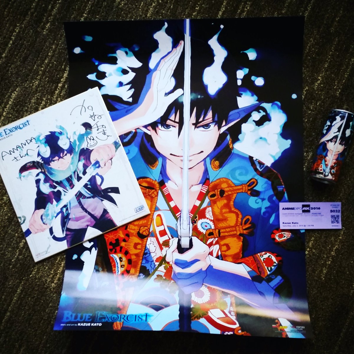 SkeletonSleepy's tweet image. Thank you Kazue Kato sensei and @VIZMedia for the autograph, poster, and drink. #AnimeExpo #AX2016 #BlueExorcist