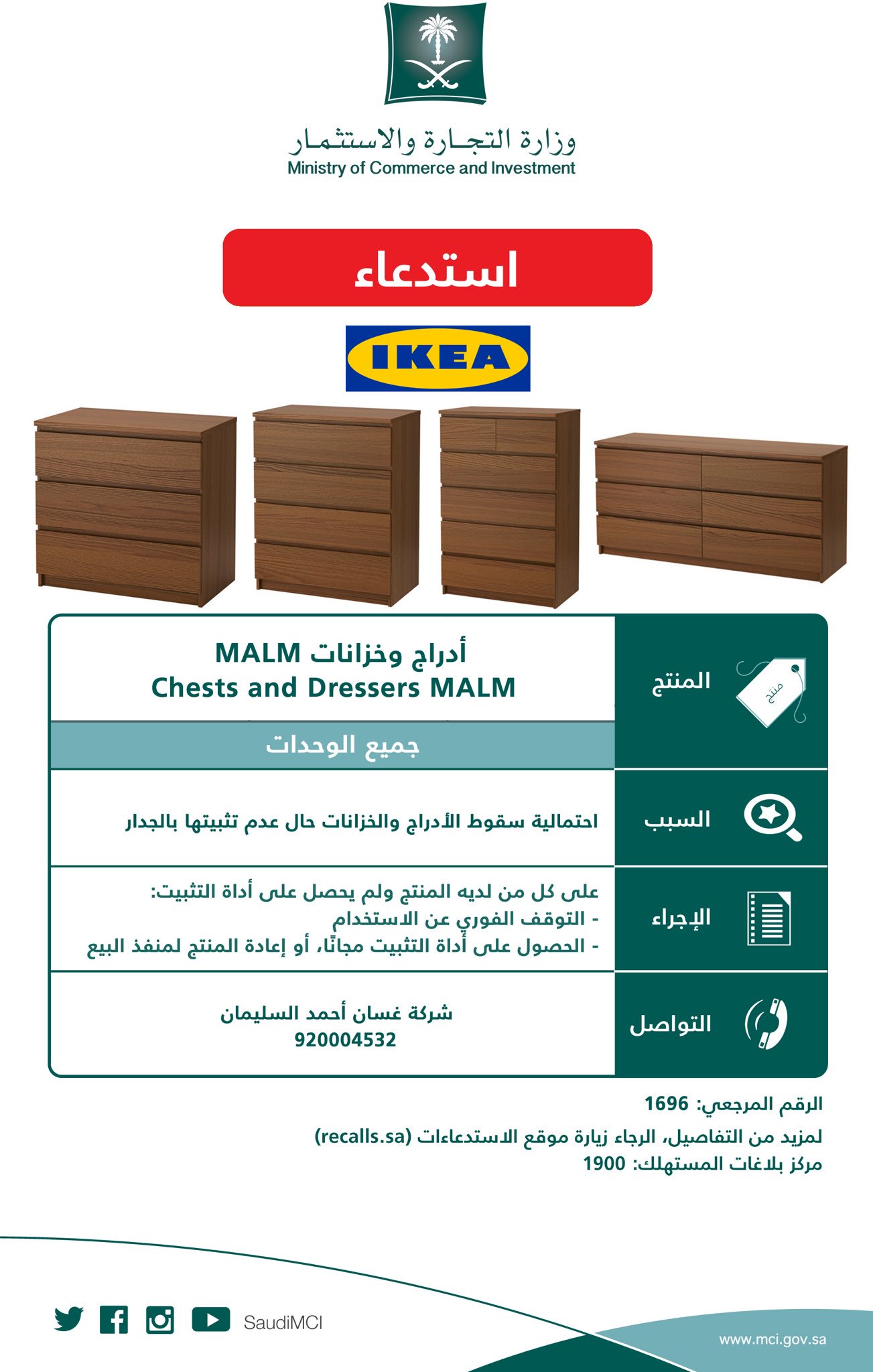 تويتر وزارة التجارة على تويتر التجارة تعلن عن استدعاء أدراج وخزانات Malm المشتراة من إيكيا لاحتمالية سقوط الأدراج حال عدم تثبيتها بالجدار Https T Co Gcfm8rndzi