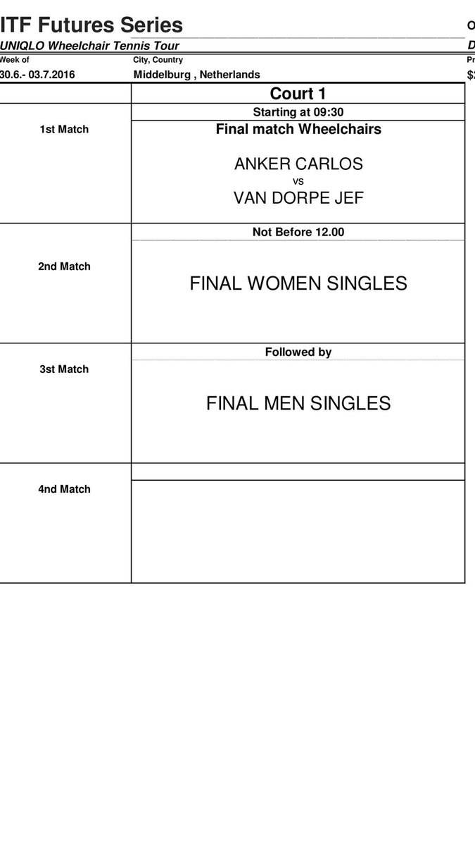 Order of play Sunday 3rd July.. Eerst rolstoelfinale. Aansluitend dames enkel en als laatste heren enkel..