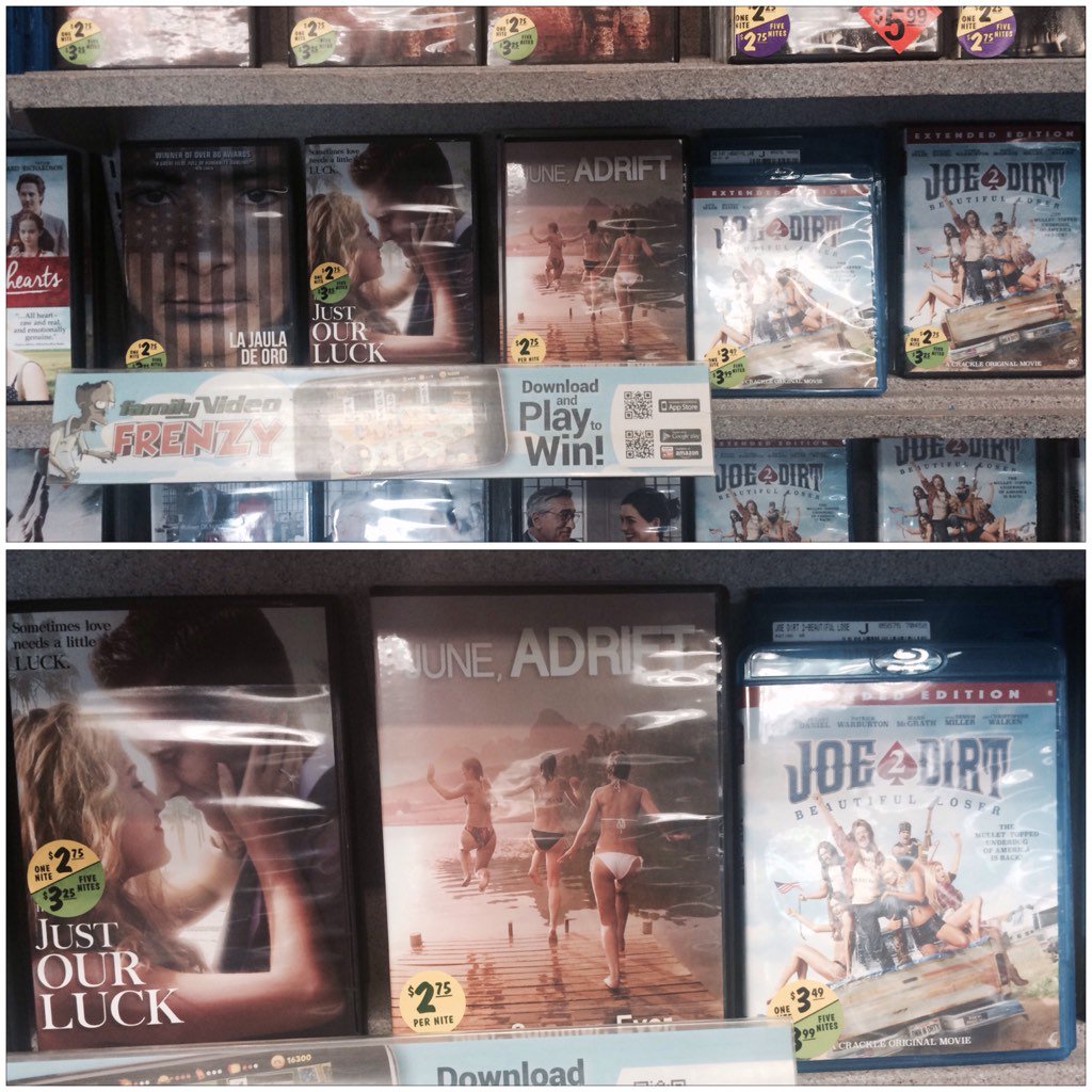 cramoska's tweet photo. Mom took this pic of my film for rent and hustled the clerk to push it on indecisive customers #juneadrift https://t.co/2QVq6PikRC