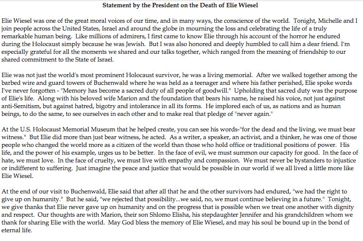 Obama on Elie Wiesel: “One of the great moral voices of our time, and in many ways, the conscience of the world.”