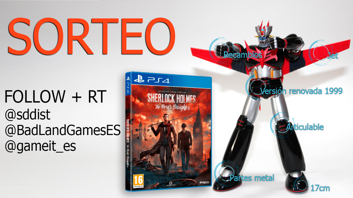 gameit_es's tweet photo. ¡Este pedazo sorteazo nos pone muy hot al cantó! ¡#SherlockHolmes #PS4 + Figurón #MazingerZ! https://t.co/BdKjrCePfJ https://t.co/UaZDCWUfD0