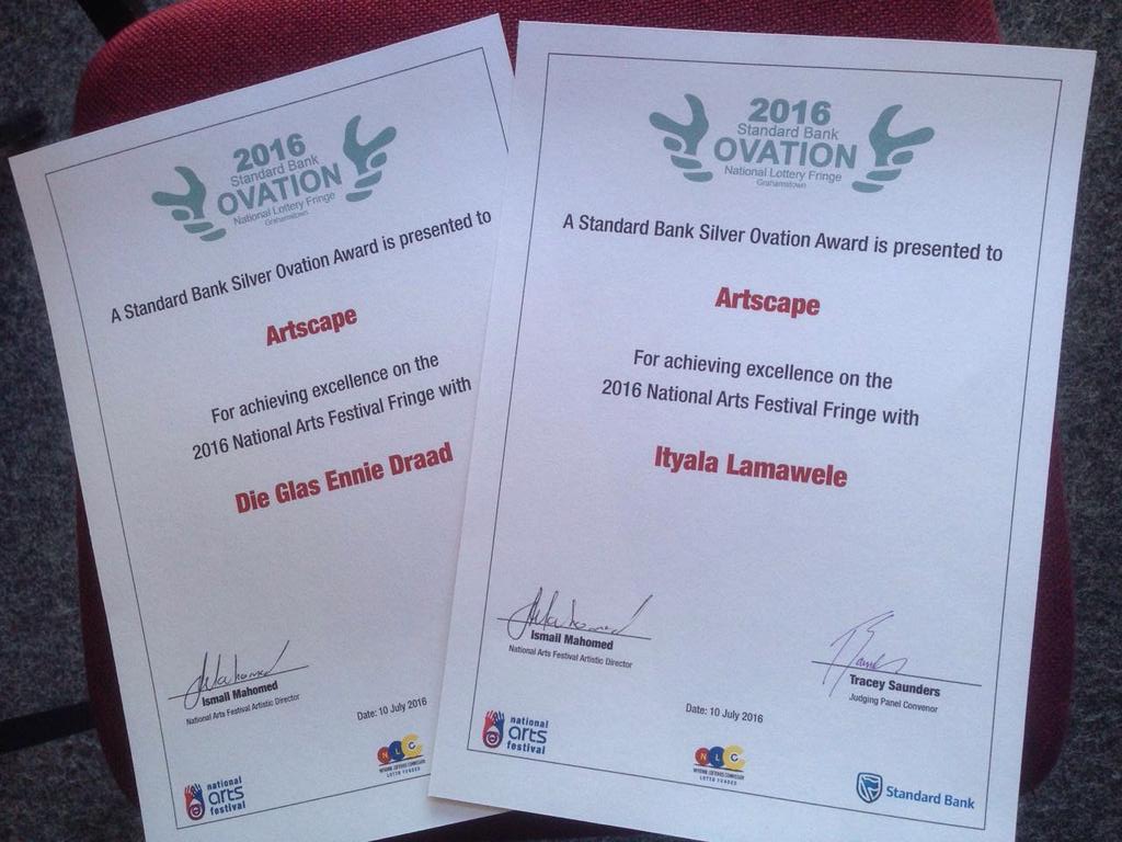 ArtscapeTheatre's tweet photo. @ArtscapeTheatre wins Silver #OvationAward for both #DieGlasEnnieDraad &amp; #ItyalaLaMawele @artsfestival #NAF16 https://t.co/znuoYZ9fsZ