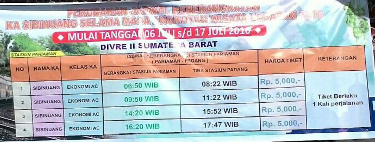 InfoPariaman's tweet photo. Perubahan Jadwal Kereta Api Sibinuang 06 - 17 2016 #jadwalkeretaapi #pariaman #padang #sumbar https://t.co/vfdZ6FV2Ys