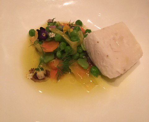 TimeToCook's tweet photo. At @Jean_GeorgesNYC. Chive pannacotta w caviar; sort-of halibut escabeche (and more). Thx @jeangeorges, @MarkLapico. https://t.co/sGsepEsCu8