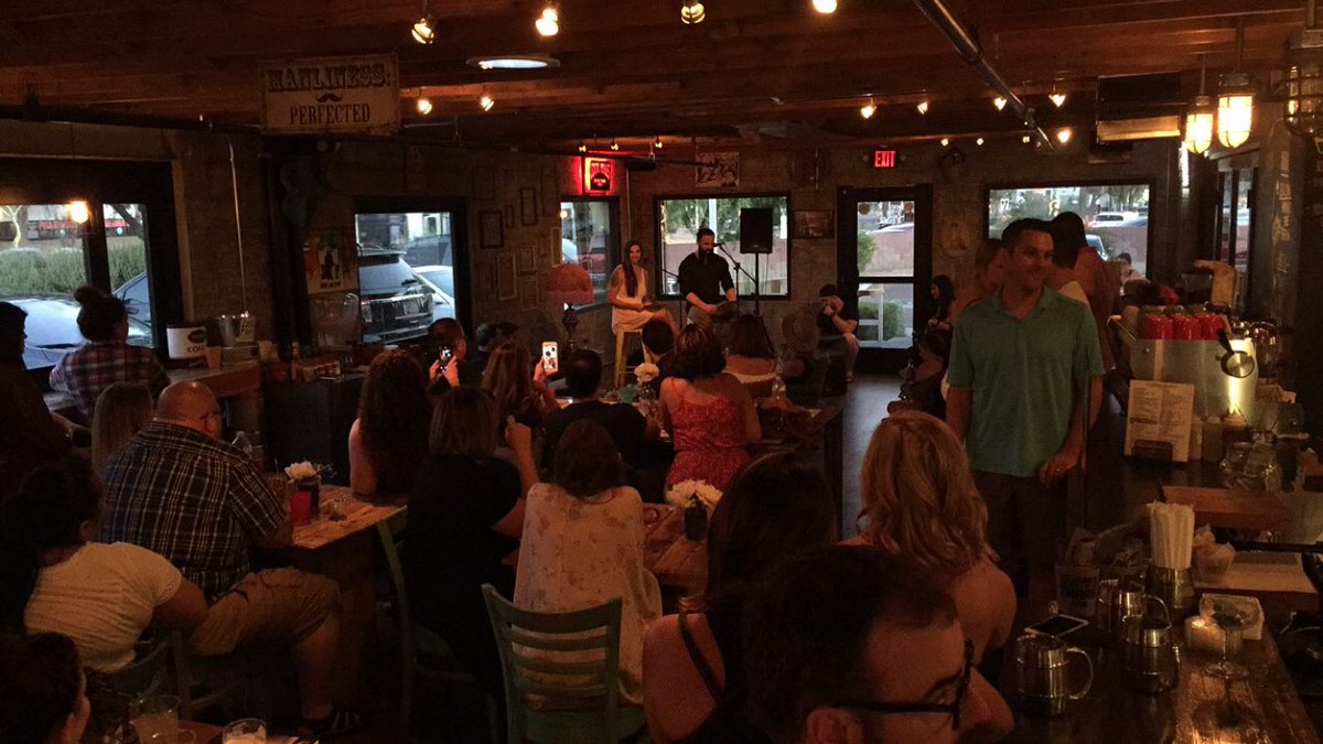 A packed HOUSE <a href="/tylerkentwhite/">Tyler Kent White</a> <a href="/amandatorroni/">Amanda Torroni</a> are mixing it up tonight with some spoken poetry #SIPportlocal #poetry