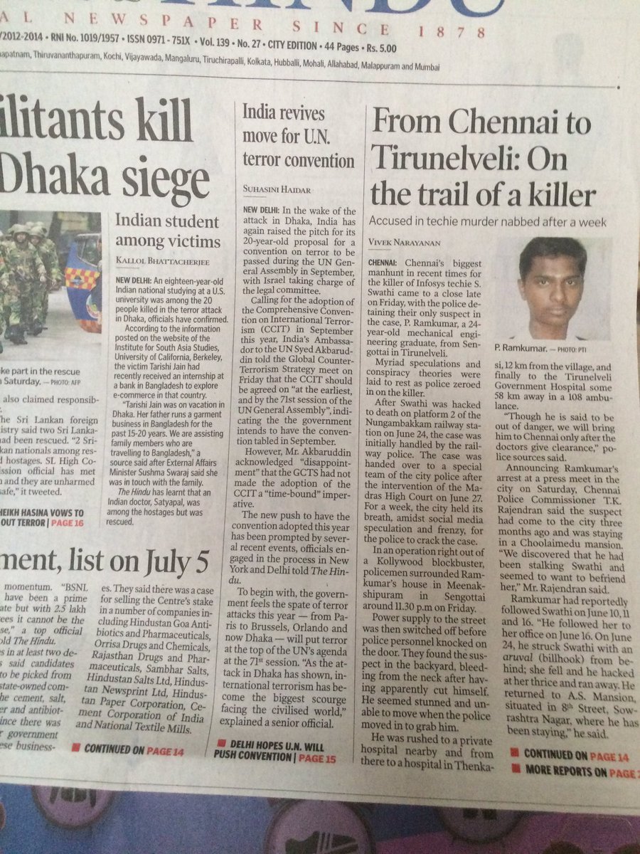 narlak's tweet image. Check out @the_hindu&apos;s Page 1 + Full Page in-depth coverage of #SwathiMurder