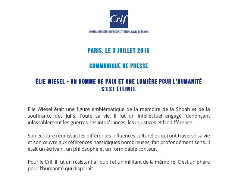 Le_CRIF's tweet photo. #CommuniquéDePresse - Elie Wiesel, une lumière pour l'humanité s'est éteinte : https://t.co/DvzmwfYrJD #ElieWiesel https://t.co/3Veh5606VC