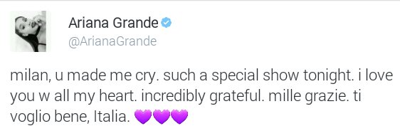 rebeccaguerrie2's tweet photo. #SeNonSeguiArianaGrande non puoi capire le urla delle/degli Arianators italiani,quando hanno visto questo tweet💜💜💜 https://t.co/Uoaf54uCry