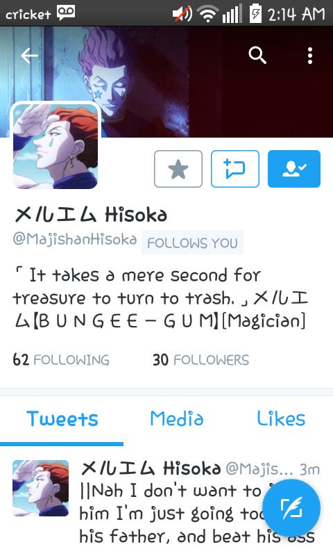cardshisoka's tweet photo. "Ah! It feels nice for hisoka to follow me" https://t.co/fBUnAQxPGP