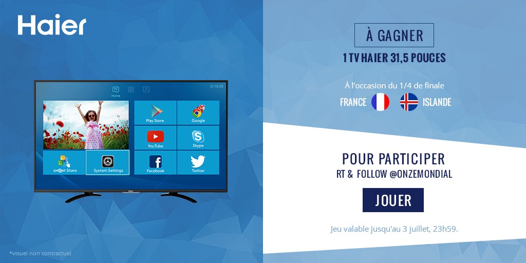 FOLLOW + RT pour gagner 1 TV Haier de 31,5" ce 3 juillet jusqu'à 23h59
#FRAISL #concours bit.ly/29eyldy
