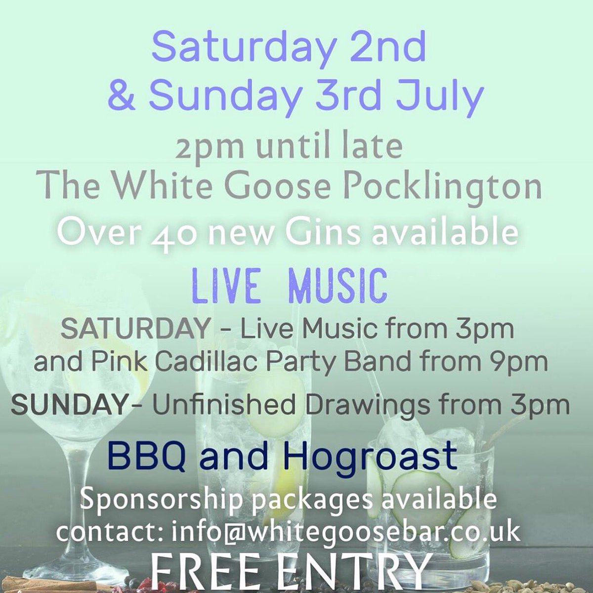 Gin Festival today FREE ENTRY live music at 3pm  

#ginfestival #livemusic #gintastic #thewhitegoose #pocklington