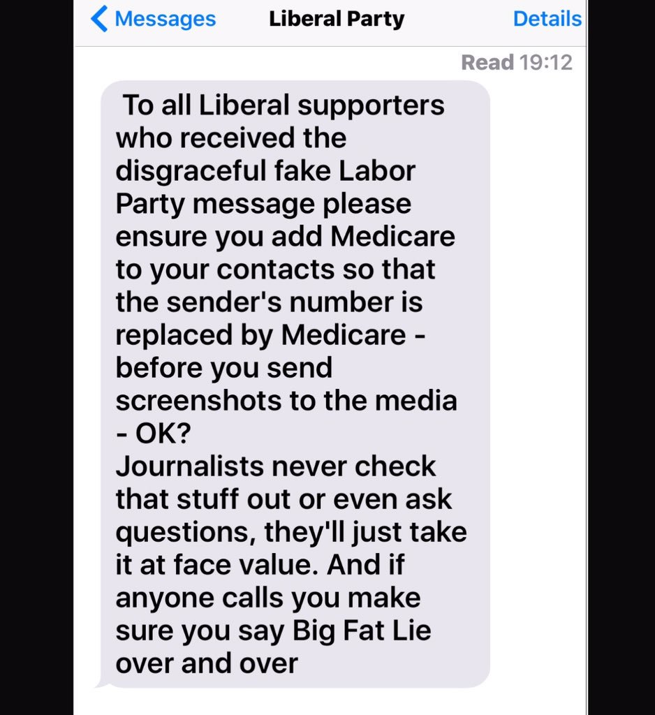 Was that a fake fake #Medicare text? Like this fake, it's easy to do. Journos, at least ask the question! #ausvotes
