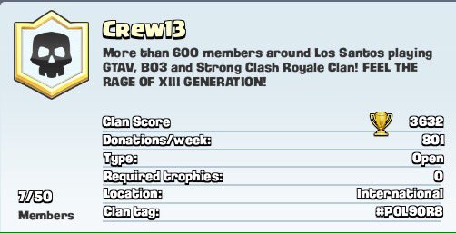 Crew13_'s tweet photo. Updated! #ClashRoyale π
#600Members #POL90R8 #XIII https://t.co/cKw4w2jT7g
