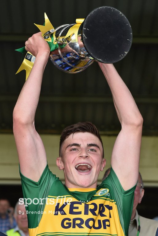 sportsfile's tweet photo. Kerry captain Sean O'Shea lifts the cup after winning the Electric Ireland Munster  Football Minor Championship! https://t.co/E9IeLeoeqb