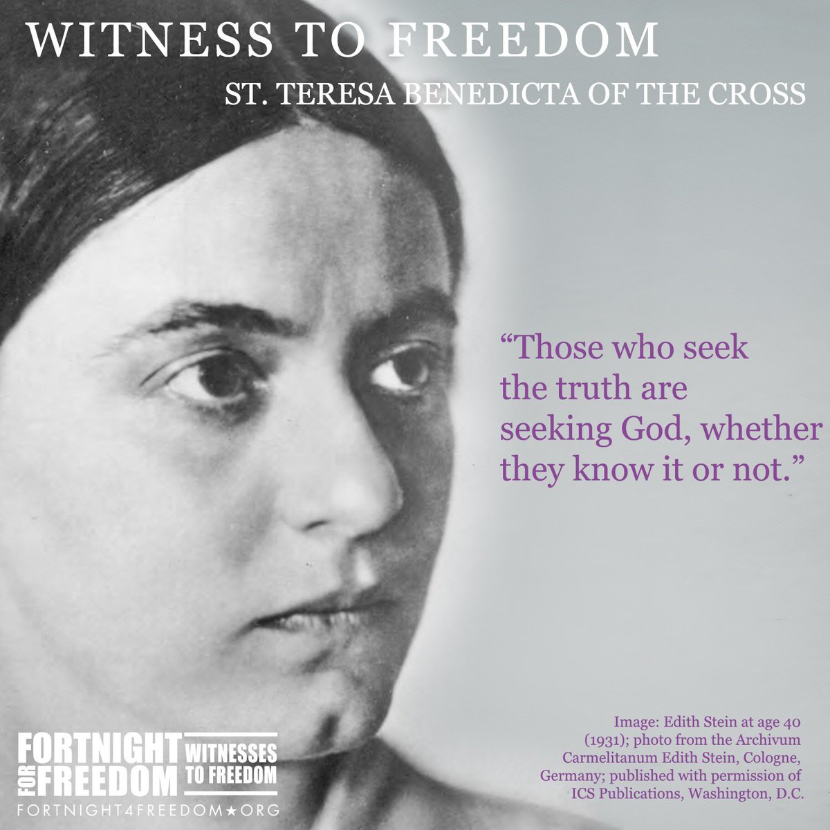 USCCB's tweet photo. St. Edith Stein, Patroness of Europe, pray for us! https://t.co/xjOjlInrfI #Fortnight4Freedom https://t.co/3pdXgDkywv