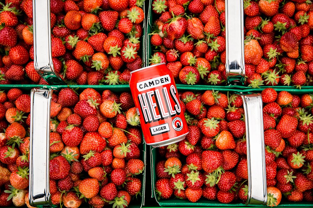 CamdenBrewery's tweet photo. Launching Friday 29 July, our NEW #StrawberryHellsForever lager - like Hells ran through a strawberry field naked. https://t.co/iXbfTs6wXe