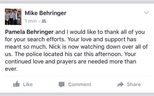 laurakorf's tweet photo. I am really sad to inform you all that Nick has been found.. my heart is broken. RIP Nick. Paws up forever. 🌹 https://t.co/lMa6C1FdOn