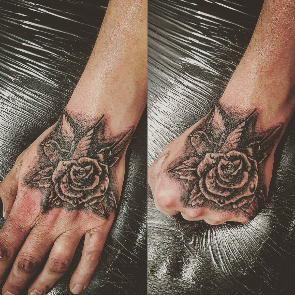 studio27_kent's tweet photo. Rose and swallow hand piece #handtattoo #oldschool #rose #swallow https://t.co/JRq0MDGTl2