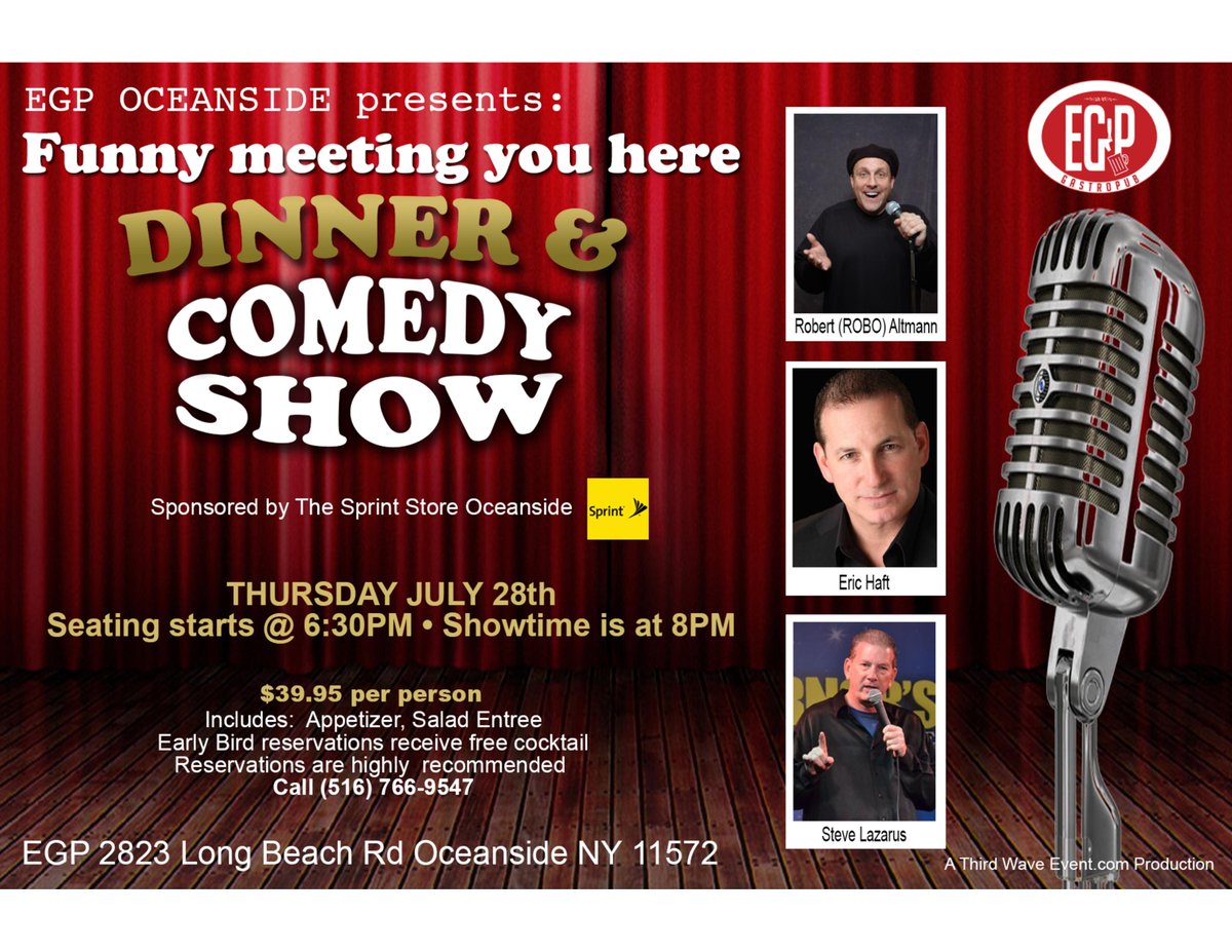 SprintOceanside's tweet photo. LOOKING FOR A LAUGH AND GREAT FOOD? MAKE YOUR RESERVATIONS FOR JULY 28TH @EATGastropubNY! YOU DONT WANT TO MISS OUT! https://t.co/vwUT6r3N5u