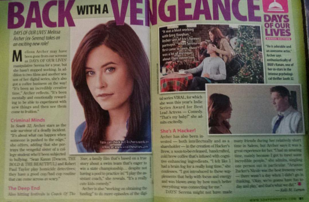 BrittaneyPeacoc's tweet photo. Interview of Melissa in the latest issue of CBS Soaps in Depth.. Great Article Missy. #South32 #Viral #HackersBrew https://t.co/blcHJjrDDn