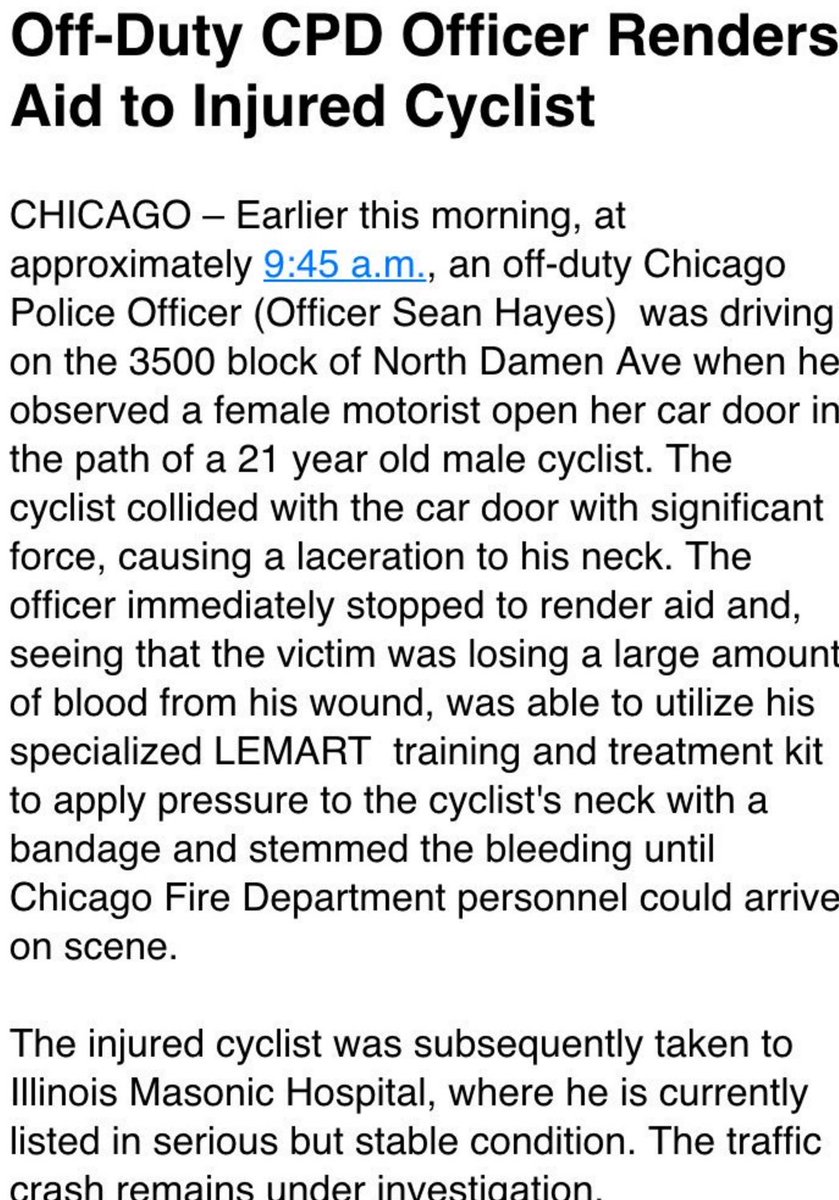 AJGuglielmi's tweet photo. This morning while off duty, Ofc. Hayes rendered life saving aid to a seriously wounded cyclist after car accident https://t.co/pOz76sBL2I