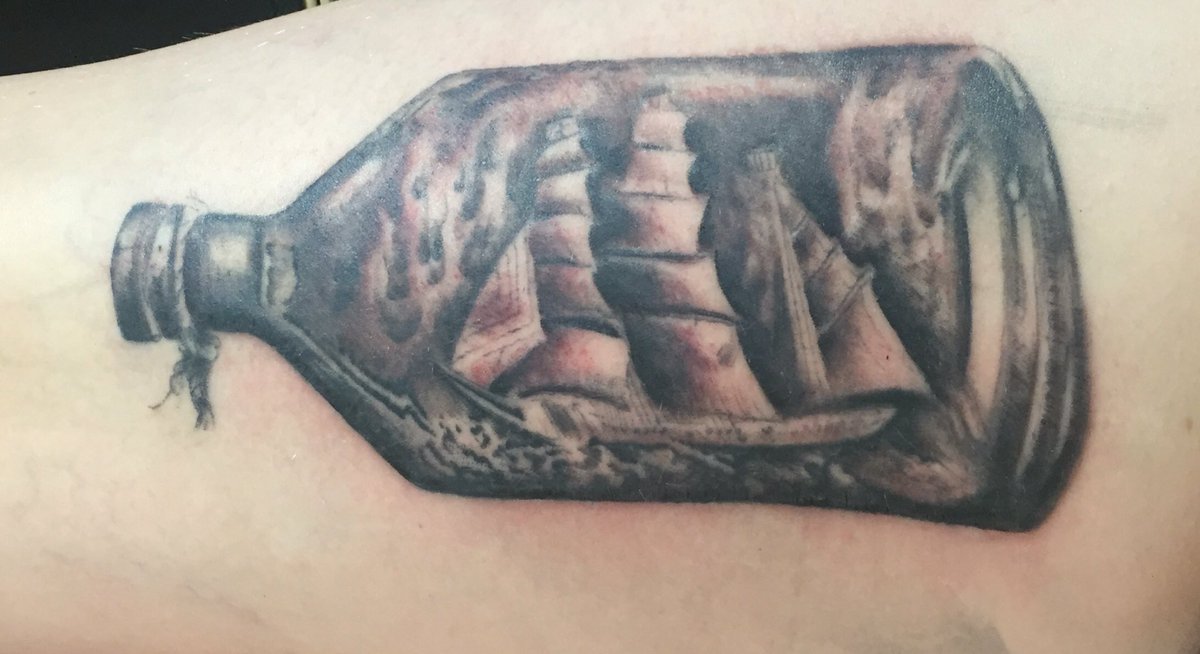 AphidCourtney's tweet photo. The ship in a bottle tattoo, freshly finished! https://t.co/IF5Nvc3fdF