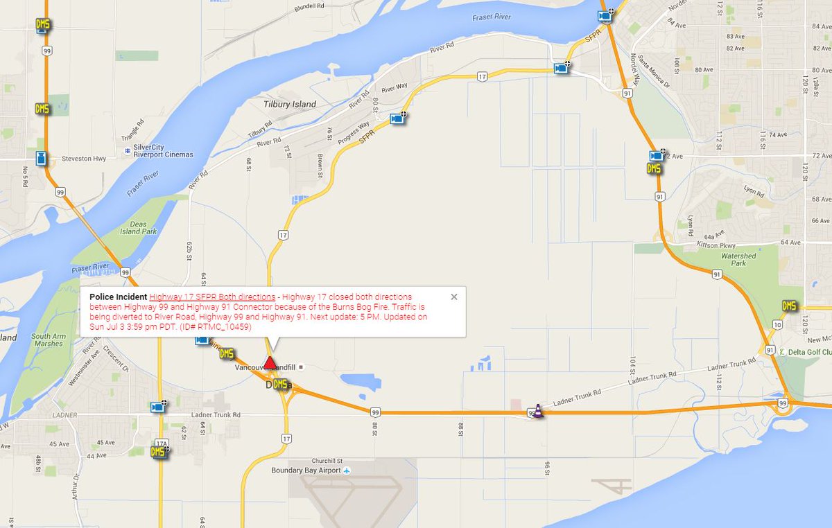 DriveBC's tweet photo. #BCHwy17 Closed in both directions between #BCHwy99 and #BCHwy91 Connector due to fire fighting activity. https://t.co/mel2Rrbjnw