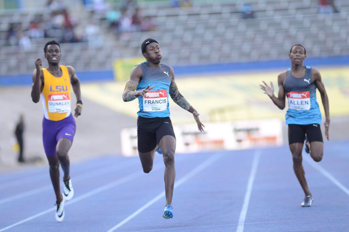 JamaicaGleaner's tweet image. Javon Francis (centre) winning men's 400m ahead of Fitzroy Dunkley (left) &amp;amp; Nathan Allen #JaSeniorTrials @rmakyn pic