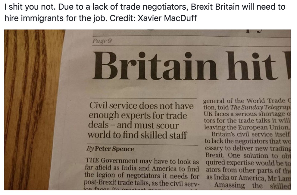 I shit you not. Due to a lack of trade negotiators, #Brexit Britain will need to hire immigrants for the job