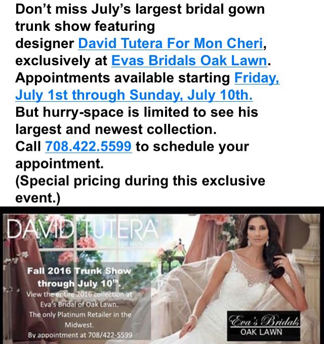 evasinternation's tweet photo. David Tutera Trunk Show at EVAS BRIDALS OF OAKLAWN. (708)422-5599.
#love #weddings#Marriage #Brides #Bridal #Boda https://t.co/QzV51o6ntO