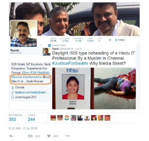 Imysreddy's tweet photo. #NarendraModi follows #RamkiXLRI on #Twiltter.
#RamkiXLRI tweet on #SwathiMurder would have caused communal
Violence https://t.co/RtWEZc34qO