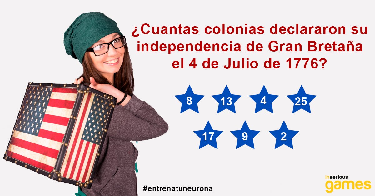 inseriousgames's tweet photo. ¿Cuánto sabes del #independenceday? Responde antes que nadie y demuéstralo! #july4th #entrenatuneurona #juegos https://t.co/OtVCAWXiNE