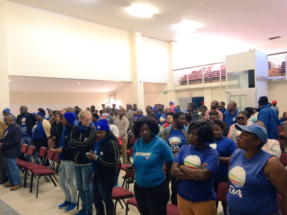 Supporters at the NU13 Community Hall waiting for the arrival of <a href="/MmusiMaimane/">Mmusi Maimane MP</a> #VoteForChange