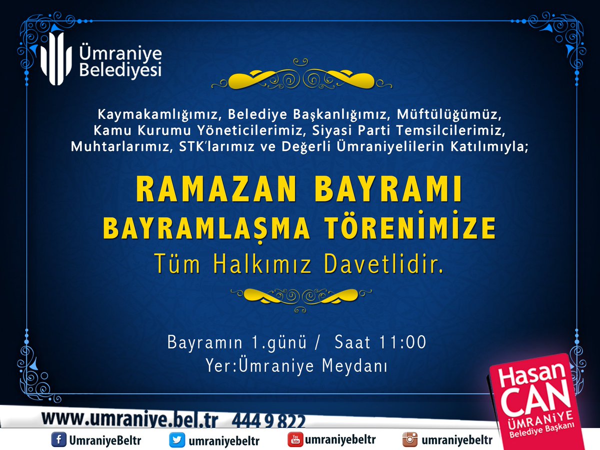 umraniyebeltr's tweet photo. Yarın saat 11.00'da Ümraniye Meydanı'nda gerçekleştireceğimiz "Bayramlaşma Törenimize" tüm halkımız davetlidir.. https://t.co/sN6tzWajAL