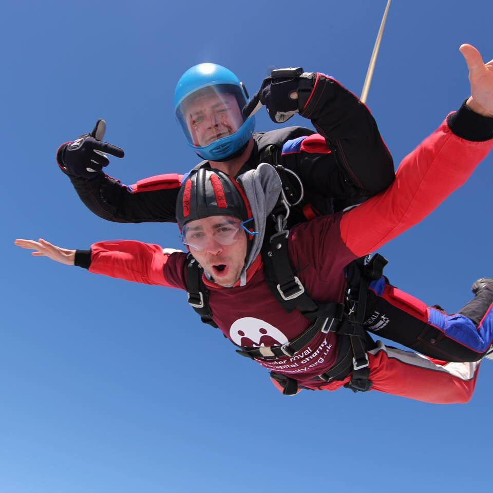 Ben Norbury Diving from 15,000 ft in aid of Central Manchester Hospitals . Raised £350 well done