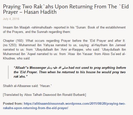 AbdurRahmanOrg's tweet photo. Praying Two Rak`ahs Upon Returning From The `Eid Prayer – Hasan Hadith https://t.co/MeDM8nSBdP