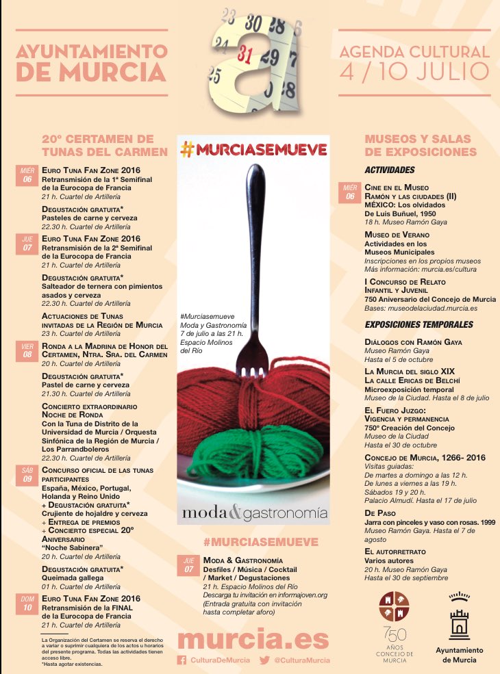 Comenzamos una semana apasionante con el evento #MurciaSeMueve y el Certamen de Tunas del Carmen. ¡Adelante!