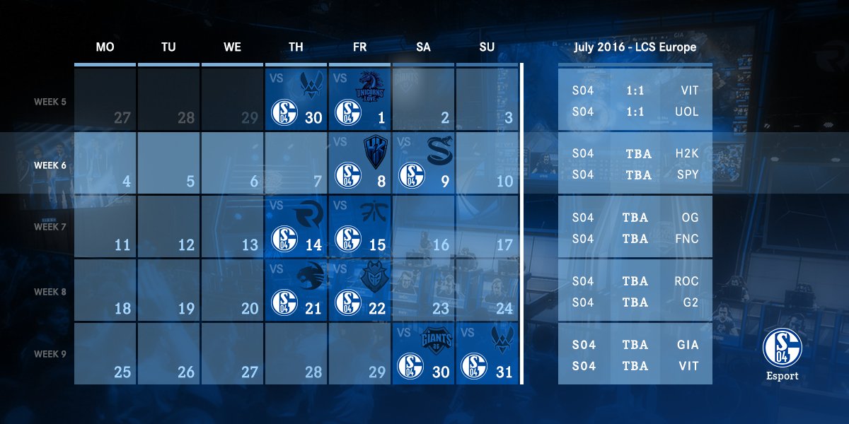 S04Esports's tweet photo. Freitag und Samstag heißt es wieder #EULCS mit #S04LCS - RT falls ihr am Start seid! https://t.co/S8rnTGiaLt