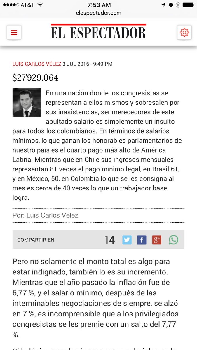 lcvelez's tweet image. Los invito a leer mi más reciente columna &quot;Sobre el salario de los congresistas&quot; elespectador.com/opinion/279290…