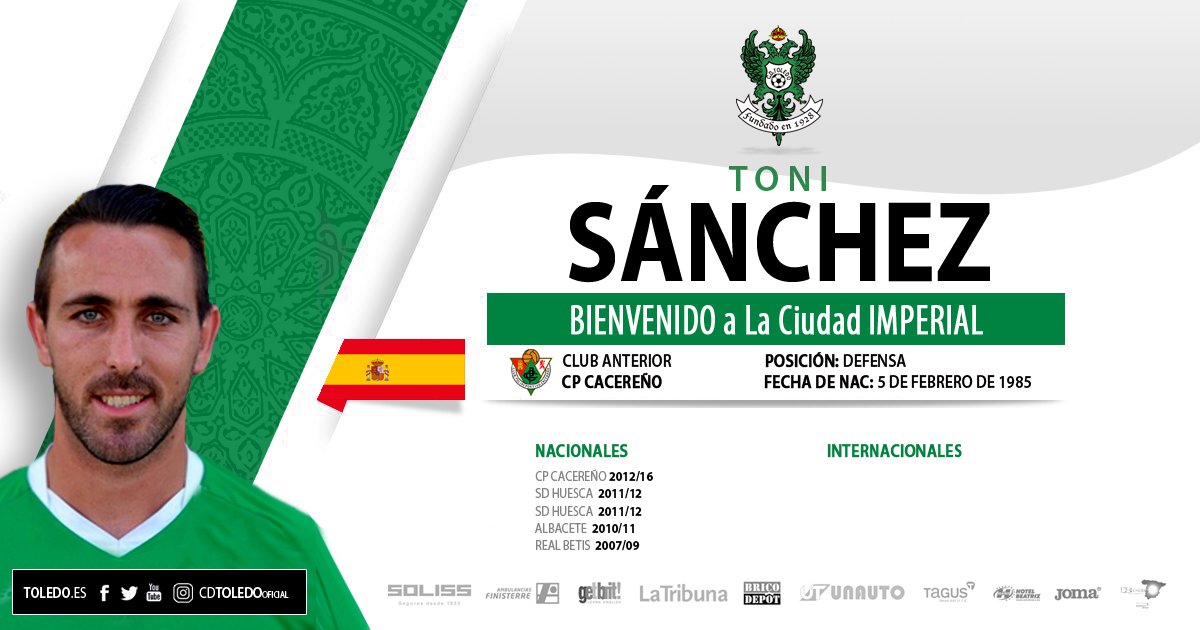 FICHAJE | Toni Sánchez (<a href="/tonisanchez11/">Antonio Sánchez</a>) nuevo jugador del <a href="/CD_Toledo/">C.D. Toledo 🦅💚⚪️</a> cdtoledo.es/toni-sanchez-n… #AúpaToledo #Bienvenido